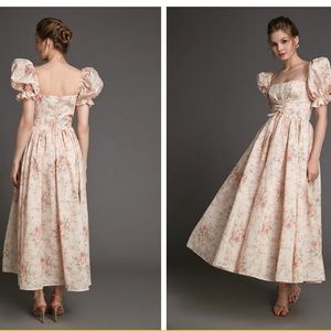 J.ING Old Lace Floral Print Lace-Up Puff Sleeve Maxi Dress